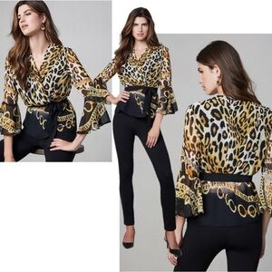 FRANK LYMAN LEOPARD CHEETAH CHAIN PRINT CHIFFON WRAP BLOUSE Sz 14